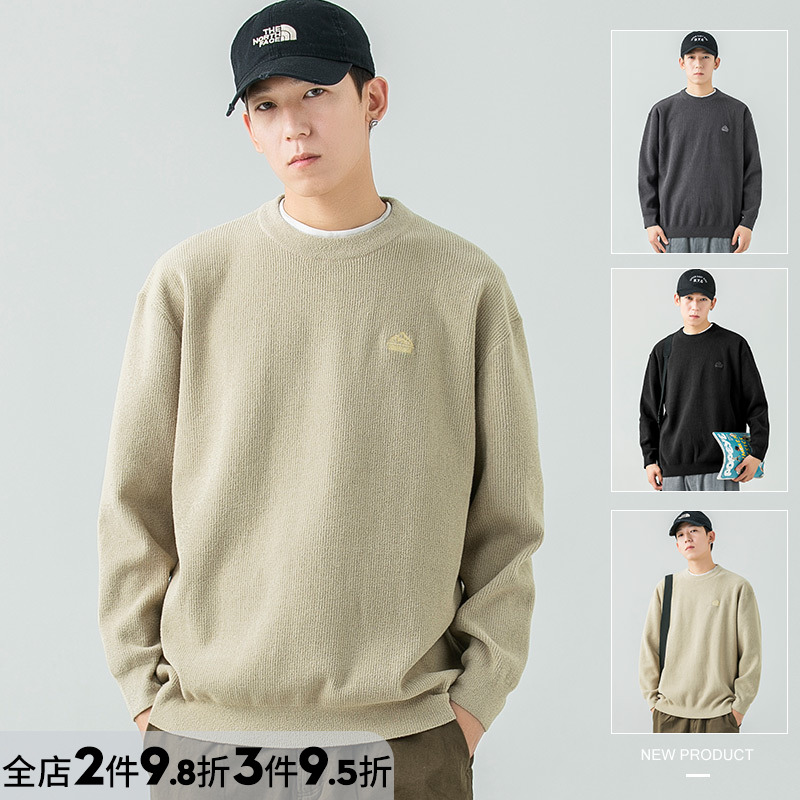 WOODSOON Sweater Men's Spring and Autumn Loose Round Neck Long Sleeve Top Knitted Casual Solid Color Long Sleeve Top Bottom