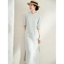 Ruya original summer oblique lapel short-sleeved dress Zen plate buckle linen modified cheongsam Elegant tea dress