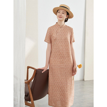 Such as the original summer dress retro Tuanhua printed skirt Linen modified Cheongsam short sleeve oblique lapel dress whisk red