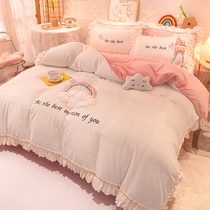 Winter thickened double-sided milk velvet plus velvet four-piece flannel coral velvet bed podium princess style bedding bedding