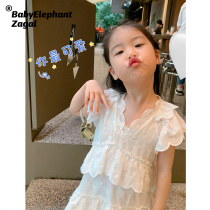 Baby baby elephant childrens clothing 2021 summer sweet wave point white ruffled V collar fairy dress thin girl