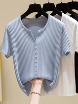 Hengyuan Xiang ice silk short-sleeved T-shirt womens 2021 spring and summer thin loose sweater cardigan V-neck top short jacket women