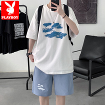  Playboy short-sleeved t-shirt mens summer casual suit mens cotton trend set with handsome summer clothes