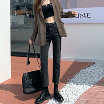 Gray black straight jeans women spring and autumn 2021 New High waist loose small man thin nine pipe pants
