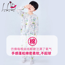 Boys one-piece pajamas summer thin cotton long-sleeved air-conditioned clothing boy pajamas summer childrens jumpsuit anti-kick