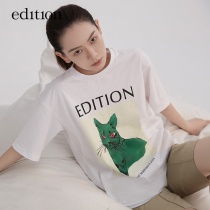 Qi Wei same edition white t-shirt womens spring cat print pure cotton short-sleeved bottoming shirt
