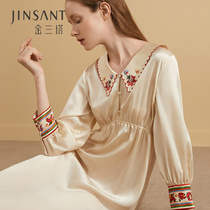 Golden Three Tower 2021 Spring and Summer New Silk Nightdress 100% Mulberry Silk Embroidered Long Sleeve Home Clothes Pajamas Women