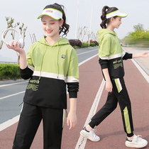 Junior high school students Autumn Sports Plus velvet suit big child fashion girl sweater high school student girl spring and autumn two sets