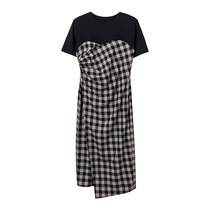 2021 new womens French retro stitching plaid dress black sweet fake two-piece long skirt summer dress
