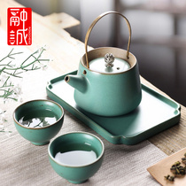  Japanese-style beam-carrying pot Tea set Tea cup set Household simple Kung Fu tea set One pot two cups Ceramic teapot tea tray