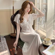 Sleeping Dress Womens Summer Ice Silk Short Sleeves Style Sexy Lace Sleepwear Light Lavish Court Style 2022 New Home Clothes