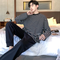 Pajamas mens spring and autumn long sleeves cotton teen boys plus size cotton striped loungewear set can be worn outside