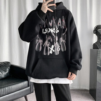 Dark black rabbit print casual hooded sweater mens spring and autumn ins tide brand large size loose couple hip hop jacket