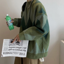 Autumn and winter round neck sweater men lazy wind loose casual sweater ins Tide brand trend base color mosaic sweater