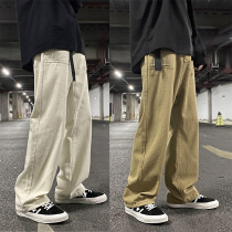 Overalls mens autumn trend street loose Japanese retro straight wide leg pants solid color casual mop long pants
