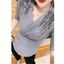  Summer new sexy cross V-neck short-sleeved T-shirt female repair K body slim U half-sleeved top European goods trend
