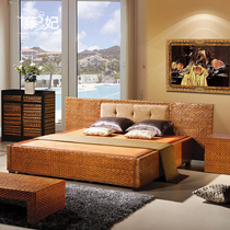 Homestay resort rattan double bed leisure real vine weaving 1 8m bedroom wedding bed solid wood frame disassembly