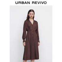 UR2022 autumn new womens commuter temperament waist V-neck shirt dress WG32S7EN2005
