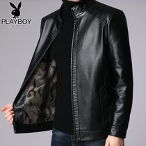 Playboy leather men slim Korean version plus velvet padded stand collar winter warm casual mens leather jacket
