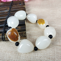 Natural sheep fat grade Xinjiang white jade with shape rough bracelet mens large beads with yellow seed stone hand string jade ornaments