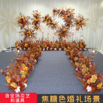 Caramel color wedding floral simulation flower Wedding decoration flower arrangement flower point row flower corner flower road lead flower background catwalk decorative flower