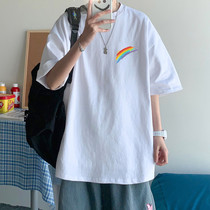 Short-sleeved t-shirt mens summer Rainbow tide brand loose Port wind half-sleeve T-shirt Wild trend ins Korean version of the crew neck top
