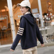 Sweater coat girl Big Boy junior high school students autumn and winter hooded knitted top zipper cardigan all-time college style