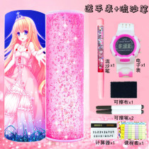 The same net celebrity girl stationery box for primary school students junior high school students multi-function large-capacity cylindrical cylindrical pen box for boys and girls quicksand creative personality pen bag cartoon childrens school bully pencil box