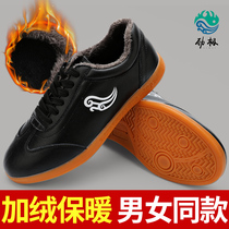 Jinji Taiji shoes Womens leather soft beef tendon male Winter plus velvet padded Taijiquan training shoes martial arts sneakers