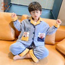 Childrens pajamas mens autumn and winter coral velvet warm thickened baby middle child boy flannel home suit suit
