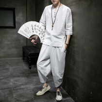 Mens spring and summer Chinese style retro Tang suit mens short sleeve T-shirt set loose size Hanfu two-piece mens clothing