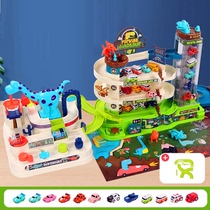 Tosky car building parking lot childrens dinosaur rail car lifting toy electric sound and light through the big adventure