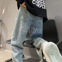 High Street Broken Cave Jeans Male spring Chaufflees Buttons Open Straight Sleeves Pants Harbor Wind Casual Net Red Loose Broadlegged Pants