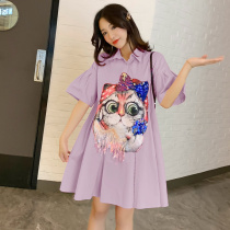 Purple shirt skirt plus size thin womens summer sequin texture design sense playful age-reducing belly pleated dress
