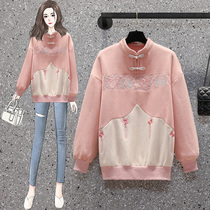 National style fashion sweater women autumn and winter New embroidery pullover improved version fat mm loose CVC two-color polished shirt