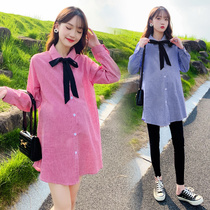 Pregnant womens new fashion bow shirt jacket set Spring and Autumn womens two-piece set Net red temperament tide