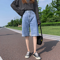2021 Summer Thin High Waist Loose Straight chic Seventh Denim Shorts Womens Wide Legs Tide ins