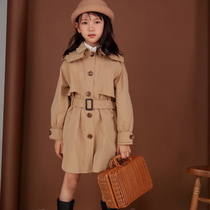 Girls hooded sleeve windbreaker childrens long spring and autumn coat big boy English style coat 2021 New