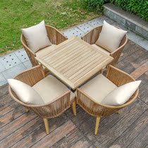 Outdoor table and chair Balcony rattan chair Five-piece outdoor open-air wood grain rattan chair Tea table combination Garden leisure furniture