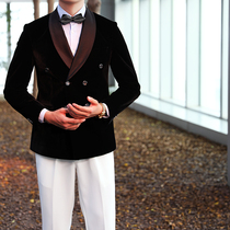 Casual green fruit collar suit men exquisite plush classic retro dress double-breasted gentleman business slim suit tide