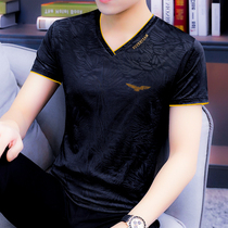 Ice silk mens short-sleeved v-neck t-shirt new summer black silk cotton chicken heart collar half-sleeve t-shirt embroidery tide brand