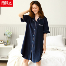 Antarctic summer night dress womens short-sleeved summer thin section cotton pure cotton cardigan shirt medium-length large size pajamas