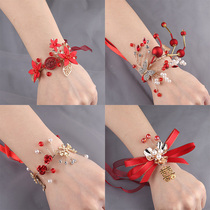 Red Chinese wedding bridesmaid wrist flower advanced sense Bride wedding dress Super fairy hand flower wedding bracelet jewelry happy word