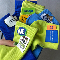 Autumn and winter new socks womens stockings cotton sports socks smiley face mens blue fluorescent green ins tide