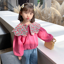 Girls sweater spring and autumn 2021 new childrens foreign-style doll collar long-sleeved shirt female baby Korean version of thin autumn clothes