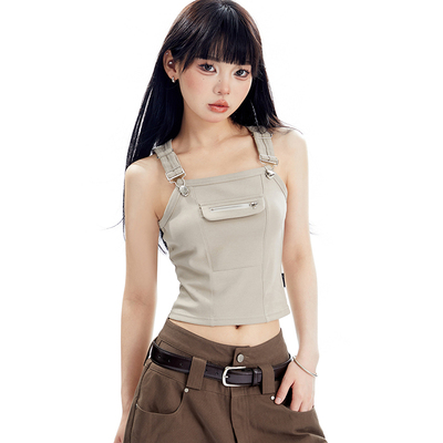 taobao agent Suspenders, fitted buckle, brace, small design short tank top with zipper, lifting effect