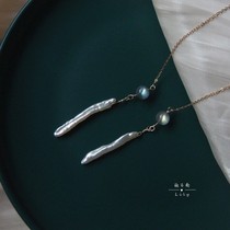 Baroque Toothpick Pearl Moon Light Stone Ear Line Long Section Natural Profiled Fresh Water 14k Note Gold Earrings Temperament Gentle
