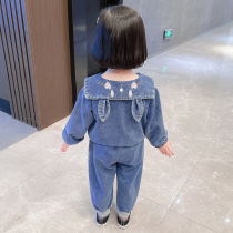 Girl Ocean Gas Denim Suit Children Spring Dress Girl Princess Casual Two Sets Korean Version Womens Baby Net Red Autumn Clothing