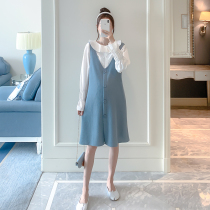 Pregnant women doll collar autumn fashion set 2021 spring and autumn Korean shirt skirt two-piece loose pregnant womens top