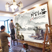 Chinese ink landscape solid wood highlight painting living room TV background wall highlight decoration bamboo wood fiber integrated wall